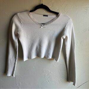 Brandy Melville White Lace Trim Thermal Crop Top Coquette Balletcore Bow XS/S
